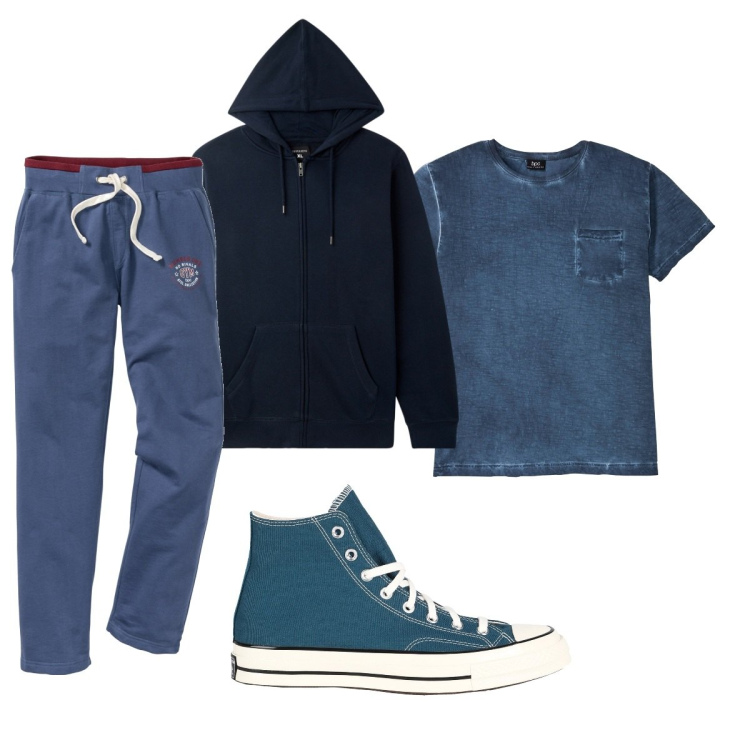 Outfit uomo - Total look #2044074. Stile Casual per Tutti i giorni. Abbinamento con pantaloni, t-shirt, sneakers alte, felpe con cappuccio.