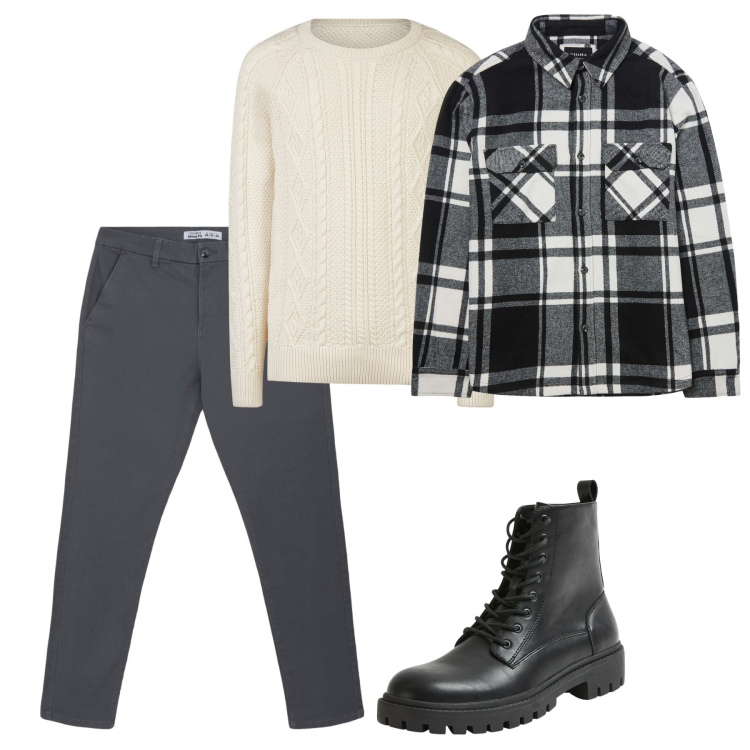 Outfit uomo - Total look. Stile Casual per Tutti i giorni. Abbinamento con pantaloni chino, anfibi, cappotti, maglieria.