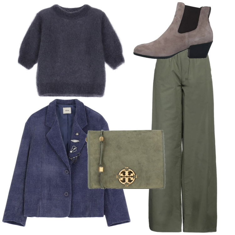 Outfit donna - In città. Stile Bon Ton per Tutti i giorni. Abbinamento con stivaletti chelsea, pantaloni, borse a tracolla, maglieria, blazer.