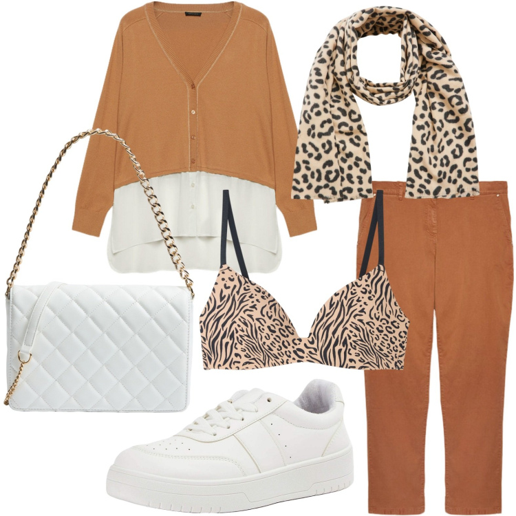 Outfit donna - Pronta per la città. Stile Sporty chic per Tutti i giorni. Abbinamento con reggiseni, sneakers, sciarpe, borse a tracolla, cardigans, pantaloni.
