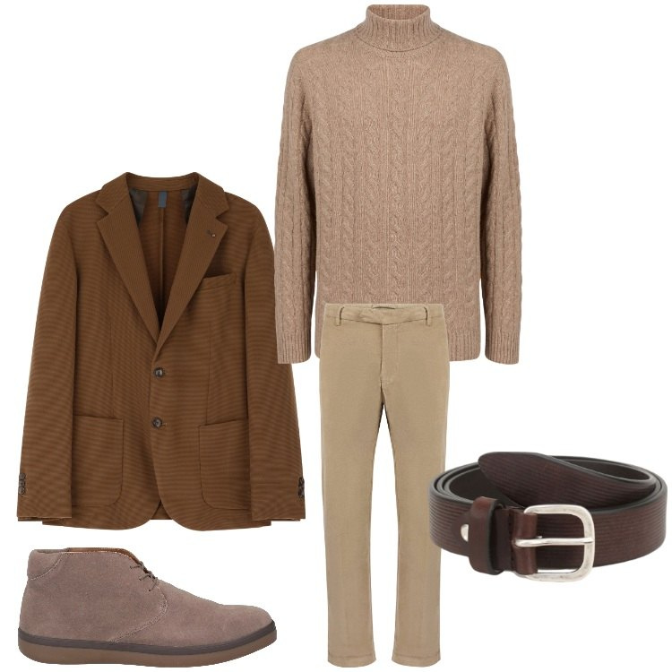 Outfit uomo - Armonia di marrone. Stile Business/Elegante per Ufficio. Abbinamento con stivali e stivaletti, cinture, giacche, maglieria, pantaloni.