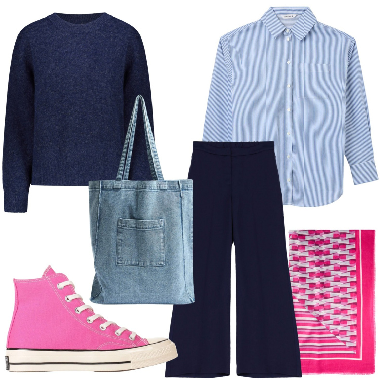 Outfit donna - Dettagli rosa. Stile Minimal per Tutti i giorni. Abbinamento con sneakers alte, camicie, shopping bag, pantaloni, sciarpe, maglieria.