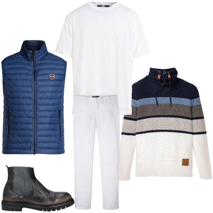 Outfit uomo - Ecco l´inverno. Stile Casual per Tutti i giorni. Abbinamento con maglieria, pantaloni, piumini, stivali e stivaletti, t-shirt.