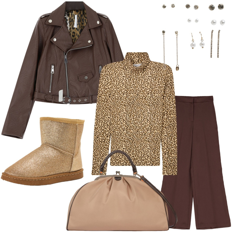 Outfit donna - Dolcevita leopardato. Stile Glamour per Tutti i giorni. Abbinamento con t-shirt, stivali, orecchini, pantaloni, giacche, borse a spalla.