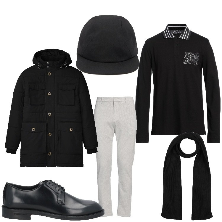 Outfit uomo - Polo da inverno. Stile Business/Elegante per Ufficio. Abbinamento con parka, pantaloni, polo, scarpe stringate, sciarpe, cappelli.