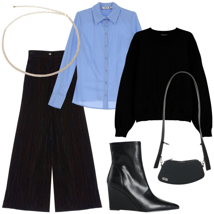 Outfit donna - Minimal molto trendy. Stile Minimal per Ufficio. Abbinamento con stivaletti, borse a spalla, camicie, pantaloni a palazzo, cinture, maglieria.