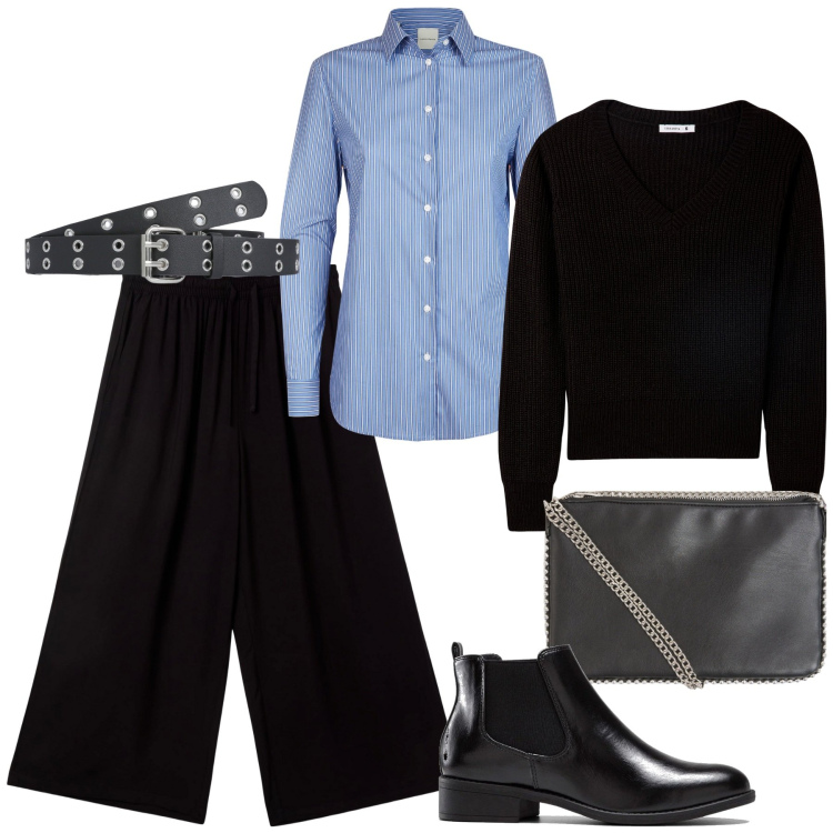 Outfit donna - Minimal. Stile Minimal per Ufficio. Abbinamento con stivaletti chelsea, pantaloni a palazzo, borse a tracolla, maglieria, cinture, camicie.