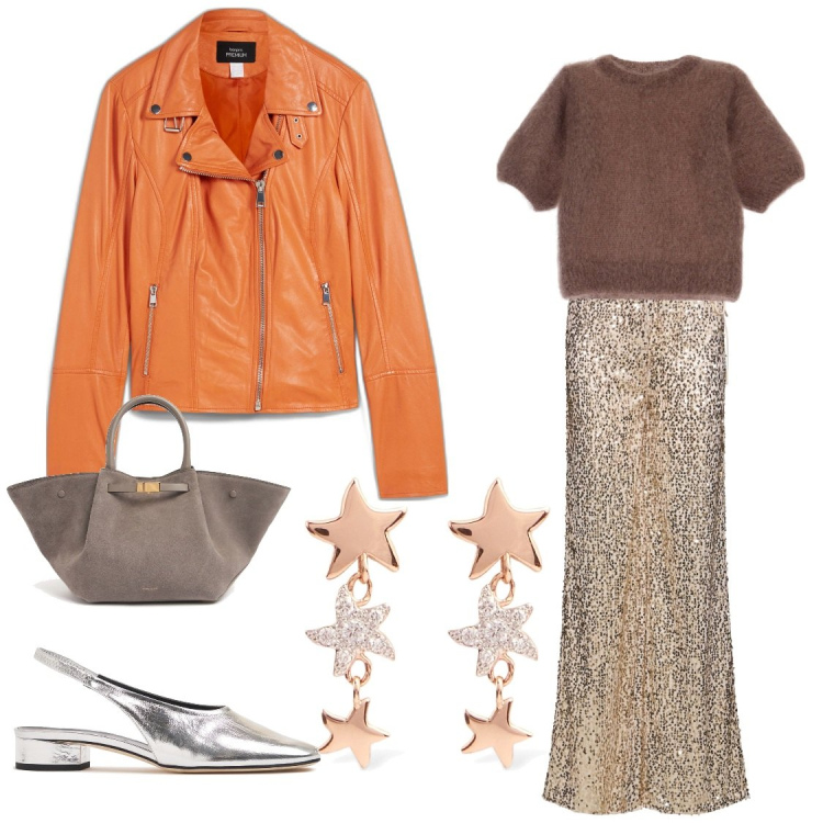 Outfit donna - Spritzzosa color spritz. Stile Chic per Serata fuori. Abbinamento con blazer, t-shirt, orecchini, pantaloni, scarpe col tacco, shopping bag.