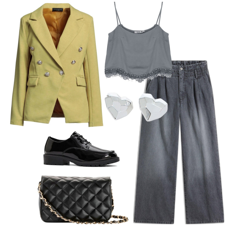 Outfit donna - Cuoricino. Stile Glamour per Tutti i giorni. Abbinamento con borse a tracolla, jeans, scarpe stringate, blazer, top, orecchini.