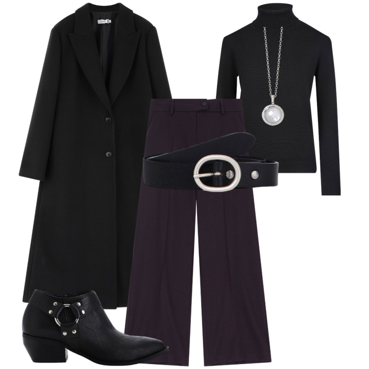 Outfit donna - Woman in black. Stile Minimal per Ufficio. Abbinamento con stivaletti, cinture, collane, cappotti, pantaloni a palazzo, maglieria.