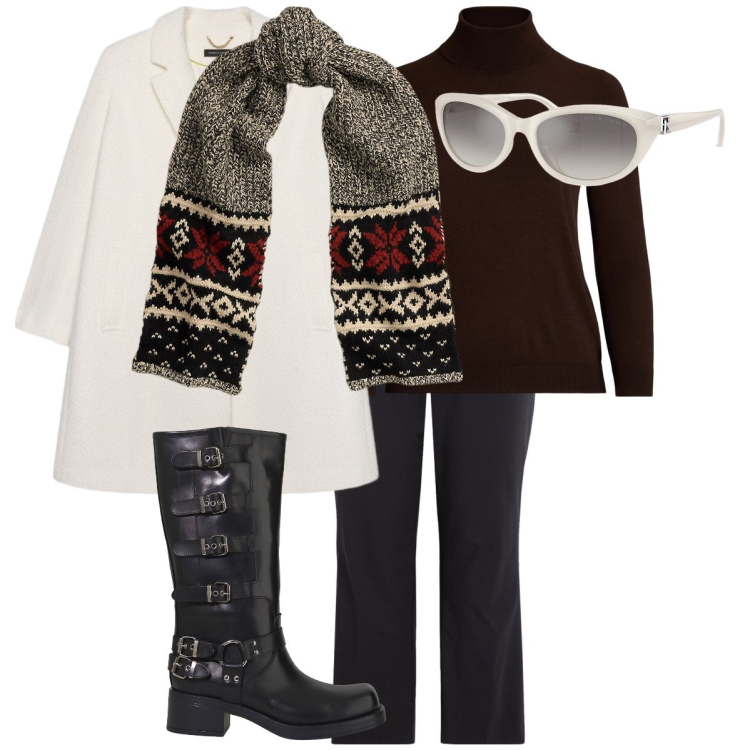 Outfit donna - Una fredda domenica di gennaio. Stile Casual chic per Tutti i giorni. Abbinamento con occhiali da sole, pantaloni, maglieria, sciarpe, stivali, cappotti.