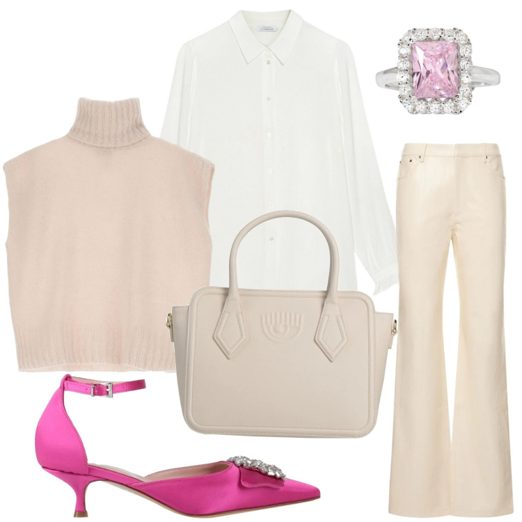 Outfit donna - Gilet con camicia. Stile Casual per Ufficio. Abbinamento con décolleté, borse a mano, anelli, gilet, camicie, pantaloni.