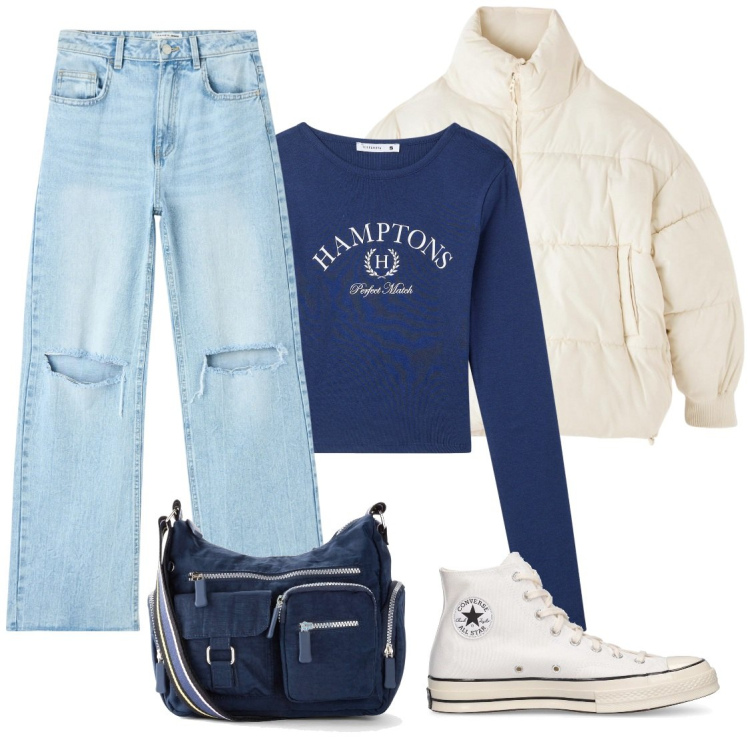 Outfit donna - Scuola. Stile Casual per Scuola/Università. Abbinamento con borse a tracolla, jeans strappati, t-shirt, piumini, sneakers.