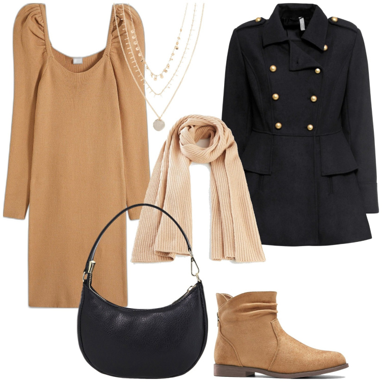 Outfit donna - Total look #2044131. Stile Casual per Tutti i giorni. Abbinamento con collane, vestiti, stivaletti, sciarpe, cappotti, borse a spalla.