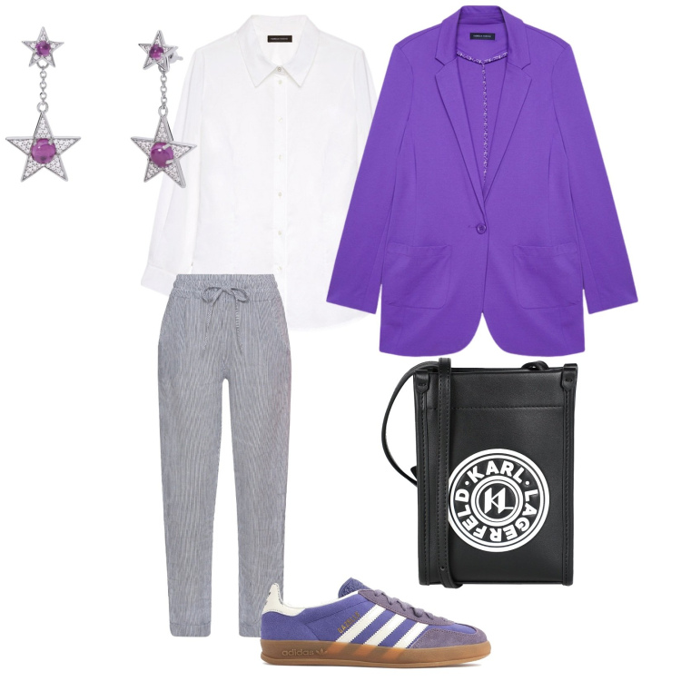 Outfit donna - Sportiva a lavoro. per Ufficio. Abbinamento con pantaloni, borse a tracolla, orecchini, camicie, blazer, sneakers.