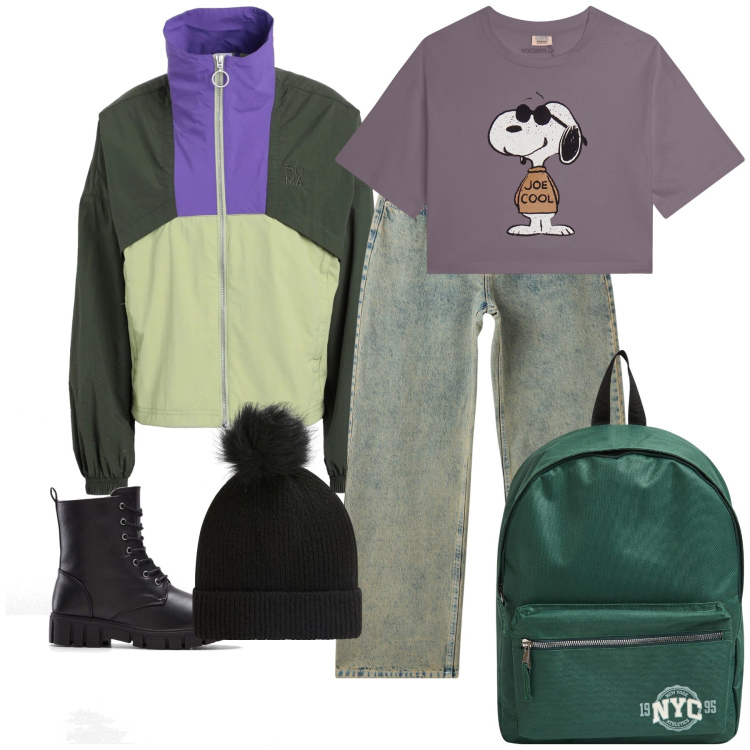 Outfit donna - In viaggio con Snoopy. Stile Casual per Tutti i giorni. Abbinamento con blazer, stivaletti, zaini, jeans, berretti, t-shirt.