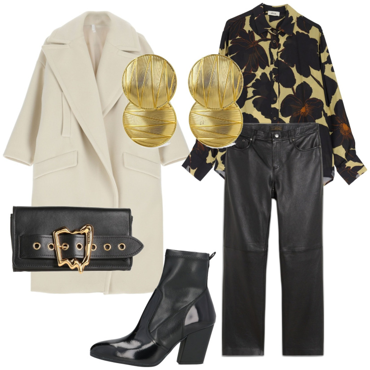 Outfit donna - Total look #2044141. Stile Trendy per Serata fuori. Abbinamento con pantaloni, stivaletti, borse a mano, cappotti, camicie, orecchini.