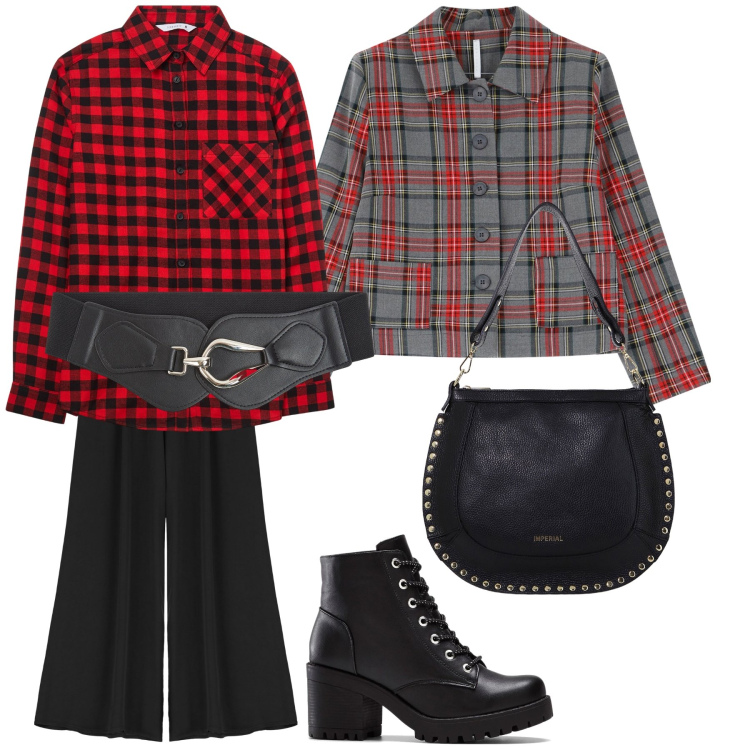 Outfit donna - Quadretti su quadretti. Stile Trendy per Tutti i giorni. Abbinamento con stivaletti, cinture, camicie, blazer, borse a spalla, pantaloni.