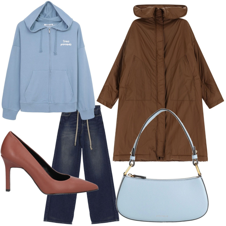 Outfit donna - Sporty chic. Stile Sporty chic per Tutti i giorni. Abbinamento con décolleté, borse a mano, jeans, felpe con cappuccio, parka.
