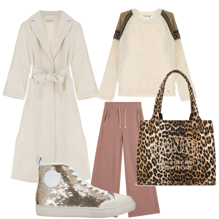 Outfit donna - Paillettes e tigrato. Stile Glamour per Ufficio. Abbinamento con sneakers alte, cappotti, pullovers, pantaloni, shopping bag.