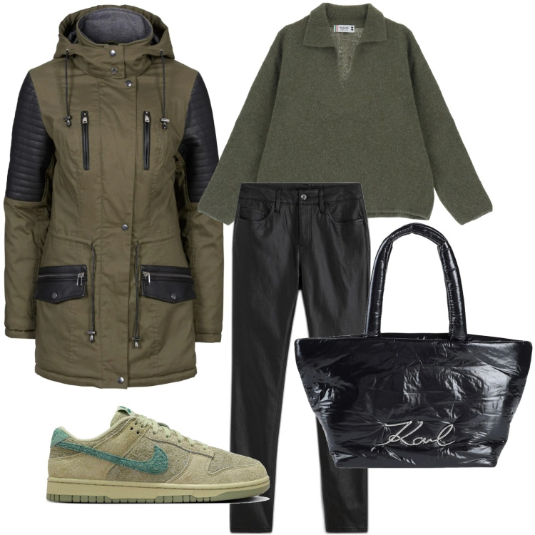 Outfit donna - Comoda con il parka. Stile Basic per Ufficio. Abbinamento con parka, pantaloni, borse a mano, pullovers, sneakers.