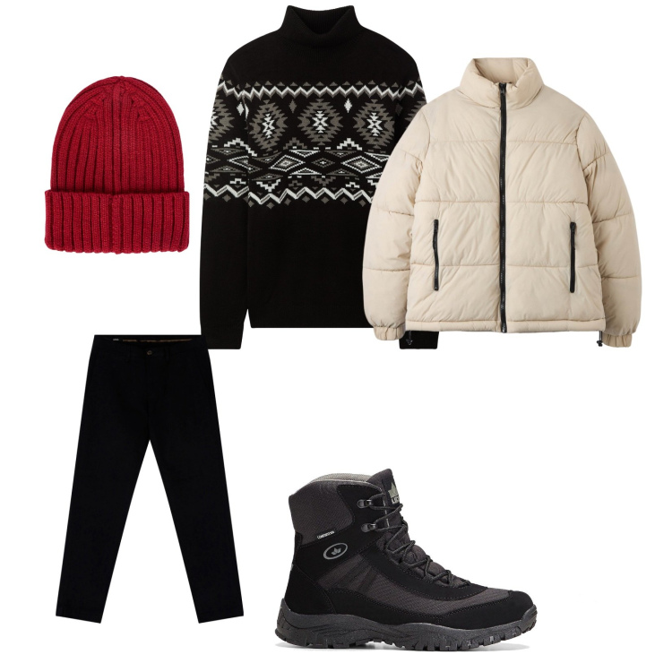 Outfit uomo - Capello rosso. per Tutti i giorni. Abbinamento con stivali e stivaletti, maglieria, piumini, pantaloni chino, berretti.