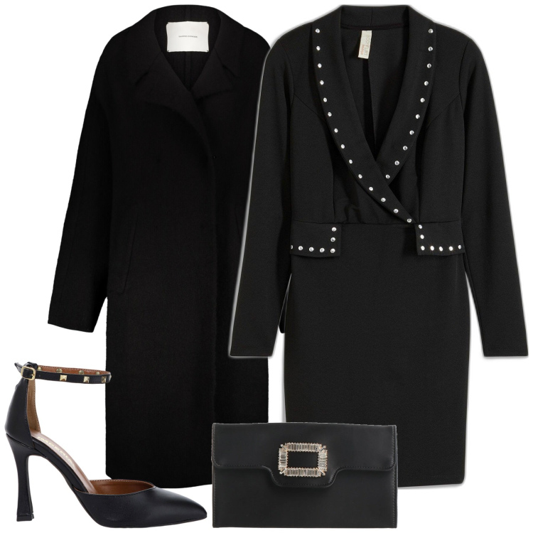 Outfit donna - Black. Stile Chic per Tutti i giorni. Abbinamento con vestiti corti, borse a mano, décolleté, cappotti.