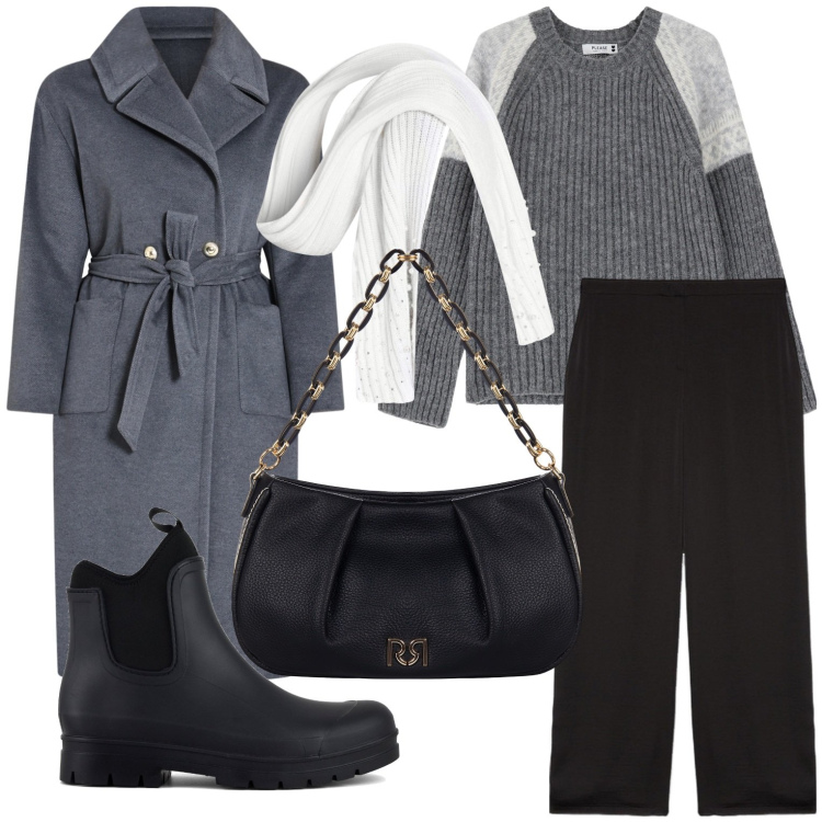 Outfit donna - Giornata fredda. Stile Casual chic per Ufficio. Abbinamento con cappotti, sciarpe, borse a tracolla, pullovers, stivali, pantaloni a palazzo.
