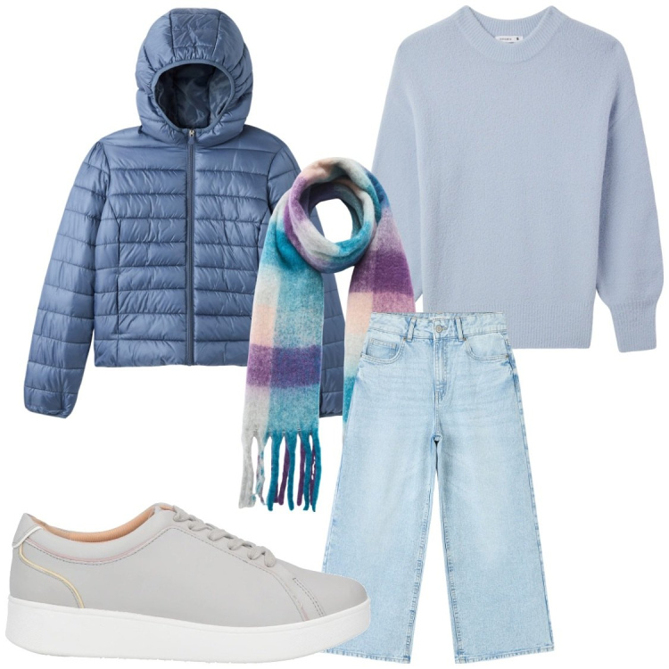 Outfit donna - Il piumino per le giornata più tiepide. Stile Casual chic per Tutti i giorni. Abbinamento con sneakers, blazer, sciarpe, maglieria, jeans.