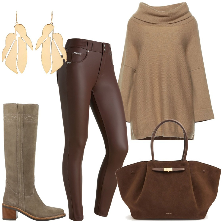 Outfit donna - Colori caldi in inverno. Stile Glamour per Tutti i giorni. Abbinamento con maglieria, stivali, pantaloni skinny, orecchini, shopping bag.