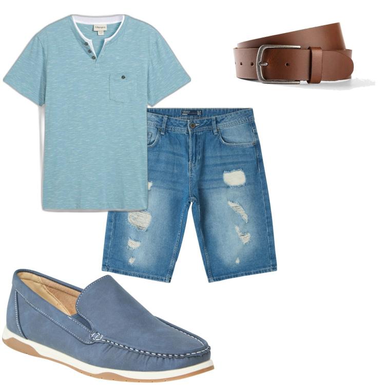 Outfit uomo - La mattina estiva. Stile Casual per Tutti i giorni. Abbinamento con cinture, t-shirt, scarpe stringate, shorts.