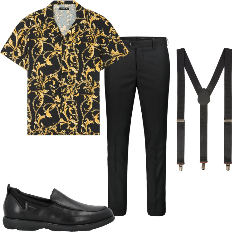 Outfit uomo - Con le bretelle e camicia fantasia. Stile Trendy per Tutti i giorni. Abbinamento con scarpe stringate, camicie a manica corta, bretelle, pantaloni.