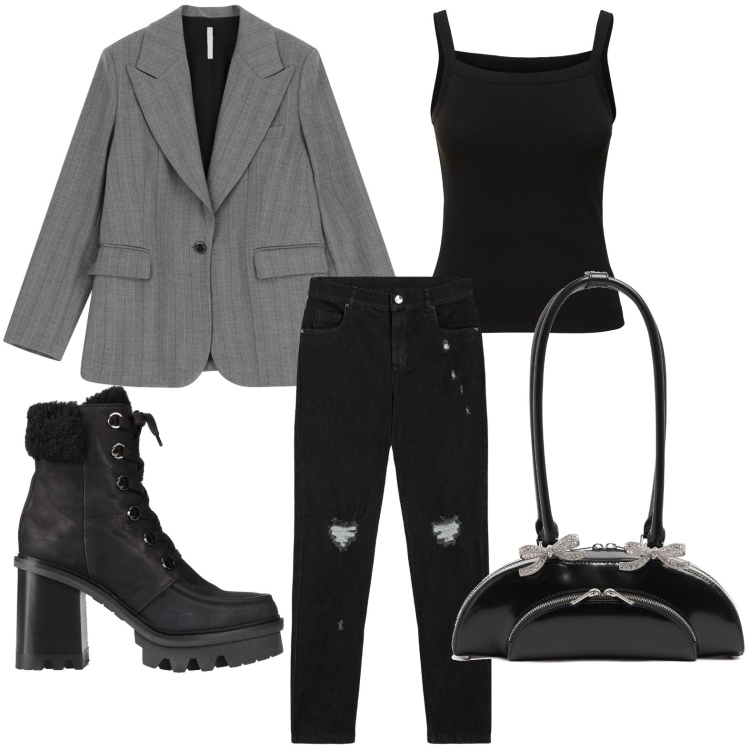 Outfit donna - Il blazer a righe. Stile Rock per Serata fuori. Abbinamento con stivaletti, blazer, jeans skinny, canottiere, borse a spalla.
