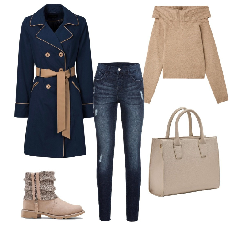 Outfit donna - Jeans e beige. Stile Casual chic per Ufficio. Abbinamento con jeans strappati, trench, stivaletti, shopping bag, maglieria.