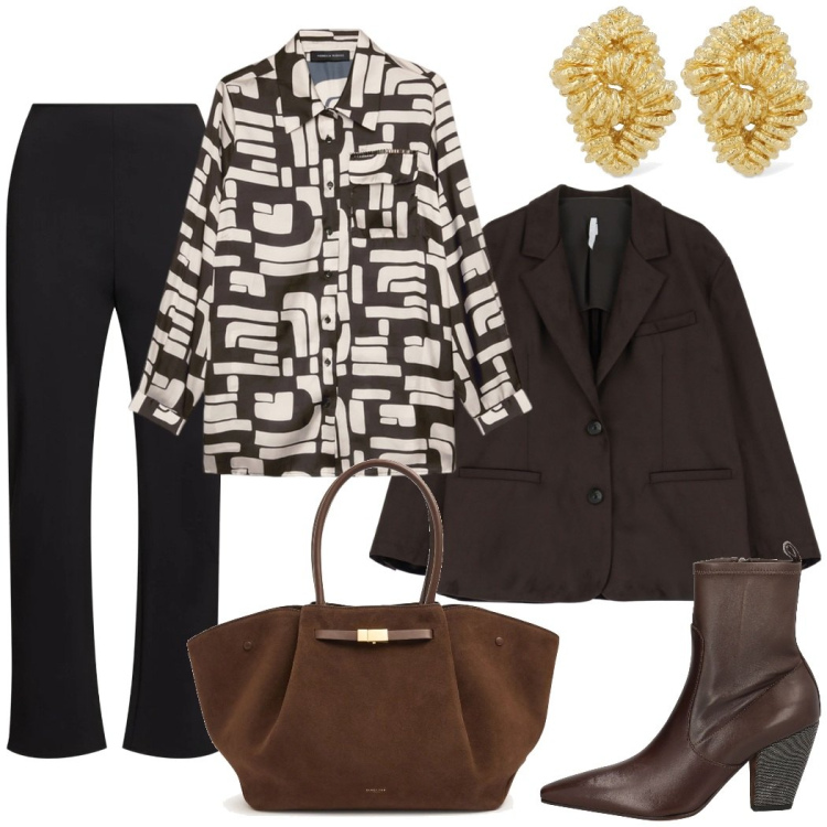 Outfit donna - Total look caffè per il pranzo di lavoro. Stile Urban per Ufficio. Abbinamento con stivaletti, blazer, camicie, orecchini, pantaloni, shopping bag.