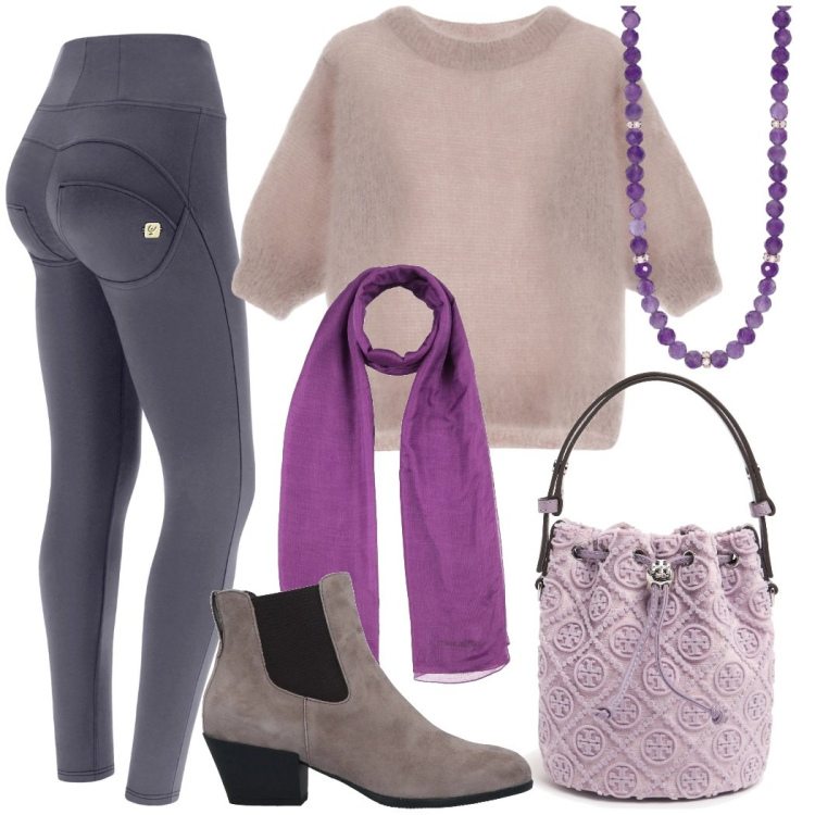Outfit donna - Passeggiata in centro. Stile Trendy per Tutti i giorni. Abbinamento con stivaletti chelsea, sciarpe, collane, pantaloni skinny, maglieria, borse a secchiello.