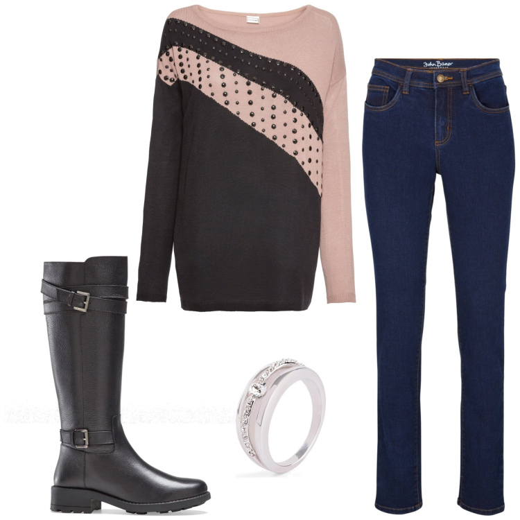 Outfit donna - Basic. Stile Basic per Tutti i giorni. look ideale per Petite. Abbinamento con maglieria, stivali, anelli, jeans.