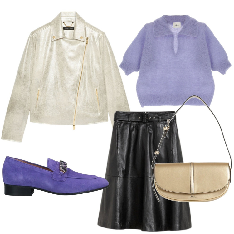 Outfit donna - Mocassini pervinca. Stile Glamour per Tutti i giorni. Abbinamento con gonne, mocassini, borse a mano, maglieria, blazer.