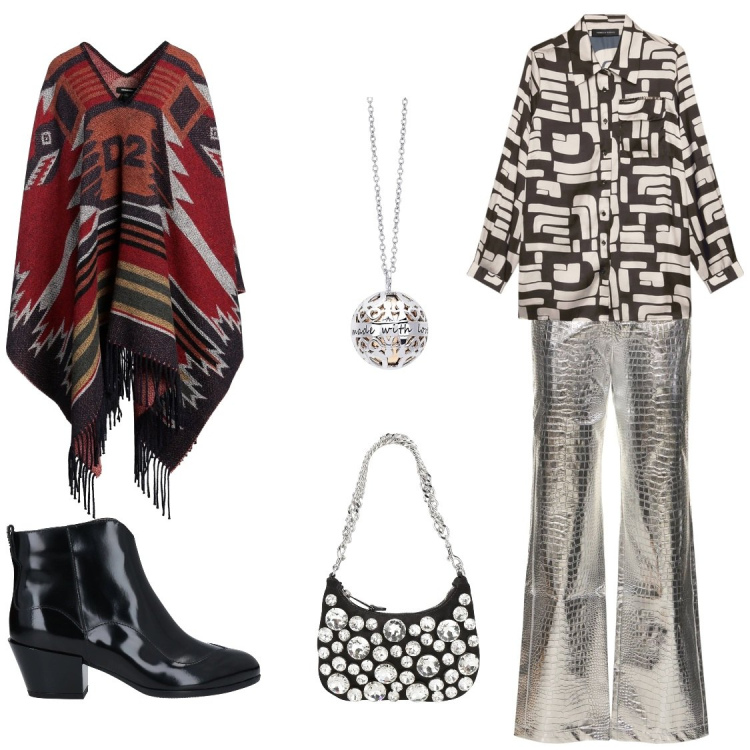 Outfit donna - Messico. Stile Etnico per Serata fuori. Abbinamento con cappotti, stivaletti, borse a mano, collane, camicie, pantaloni.