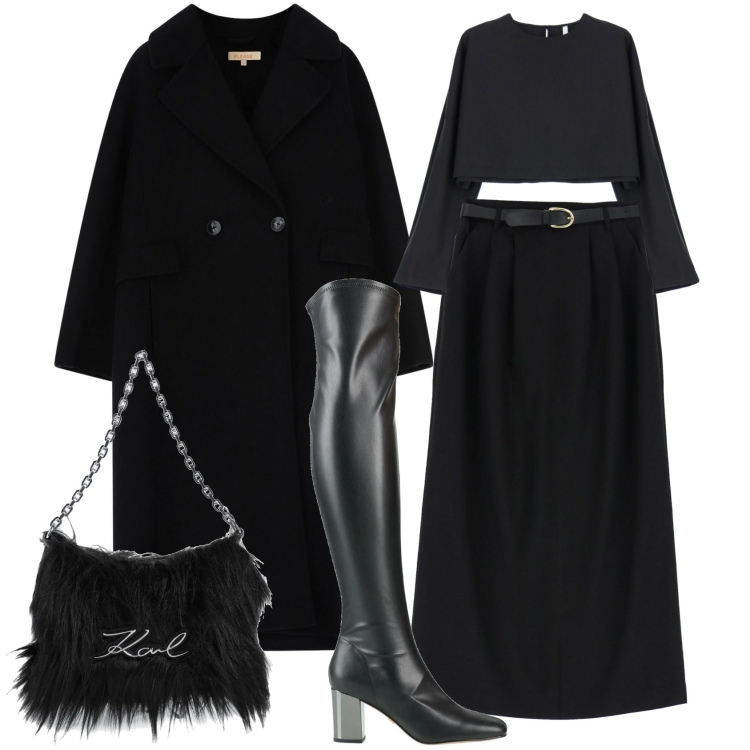 Outfit donna - Dark lady. Stile Glamour per Tutti i giorni. Abbinamento con stivali, borse a mano, cappotti, gonne lunghe, maglieria.