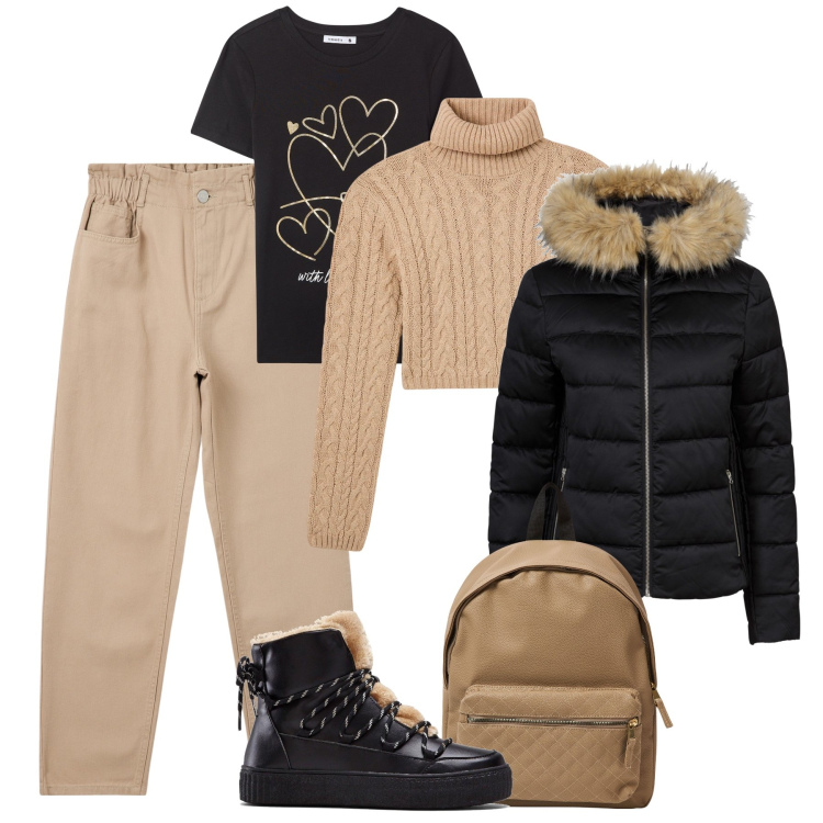 Outfit donna - Sneakers calde, zainetto e via !. Stile Casual per Tutti i giorni. Abbinamento con sneakers alte, giacche, pantaloni, t-shirt, maglieria, zaini.