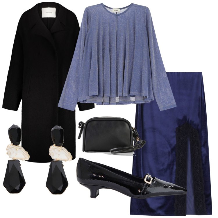 Outfit donna - Gonna con spacco. Stile Casual chic per Serata fuori. Abbinamento con borse a tracolla, ballerine, maglieria, orecchini, gonne longuette, cappotti.