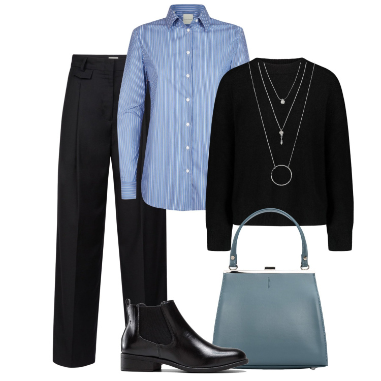 Outfit donna - Pranzo di lavoro. Stile Mannish per Tutti i giorni. Abbinamento con ciondoli, stivaletti chelsea, maglieria, clutch, pantaloni, camicie.