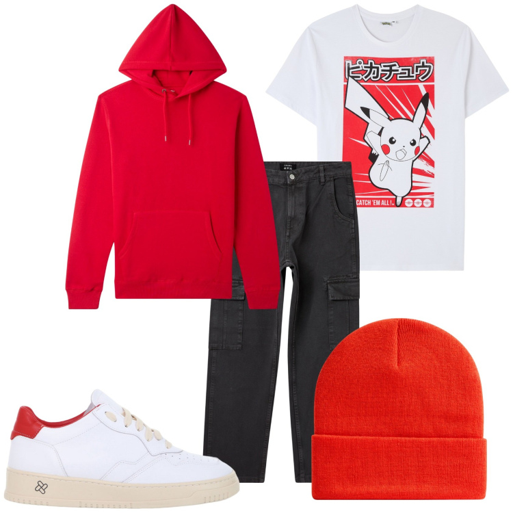 Outfit uomo - Felpa e maglietta con stampa. Stile Urban per Tutti i giorni. Abbinamento con t-shirt, felpe con cappuccio, pantaloni cargo, berretti, sneakers.