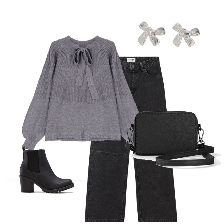 Outfit donna - Grigio e nero. Stile Casual chic per Tutti i giorni. Abbinamento con stivaletti, borse a tracolla, jeans dritti, pullovers, orecchini.