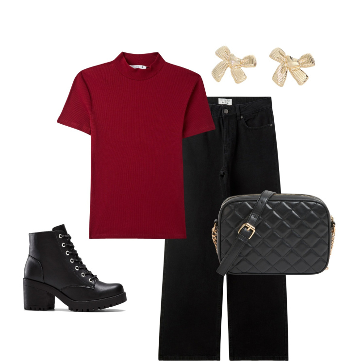 Outfit donna - Rosso e nero. Stile Casual per Serata fuori. Abbinamento con stivaletti, borse a tracolla, t-shirt, jeans, orecchini.