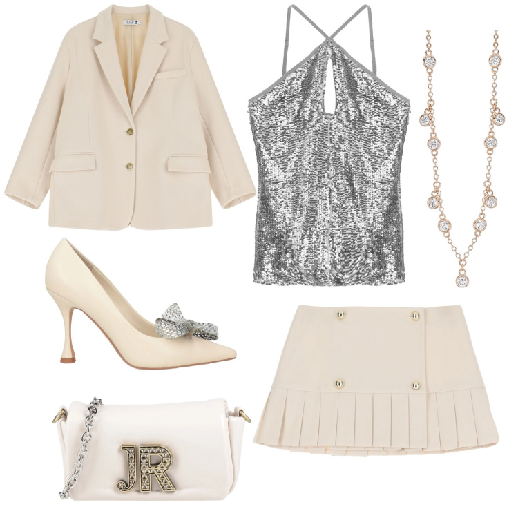 Outfit donna - Décolleté col fiocco. Stile Casual chic per Serata fuori. Abbinamento con décolleté, borse a tracolla, collane, blazer, minigonne, top.