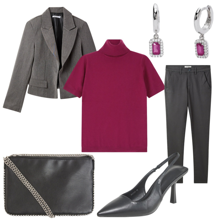 Outfit donna - casual gray. Stile Casual chic per Ufficio. Abbinamento con pantaloni chino, borse a tracolla, blazer, décolleté, orecchini, maglieria.
