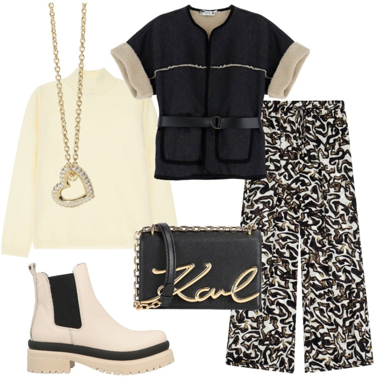 Outfit donna - I pantaloni palazzo stampa grafica. Stile Urban per Tutti i giorni. Abbinamento con stivaletti, borse a tracolla, collane, pantaloni a palazzo, maglieria, blazer.