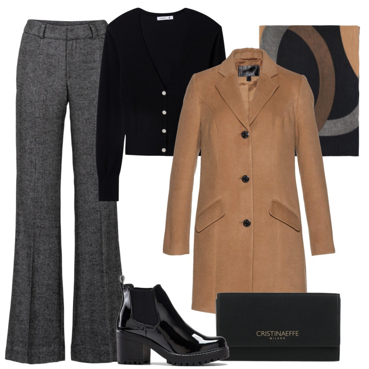 Outfit donna - I pantaloni palazzo in misto lana. Stile Glamour per Ufficio. Abbinamento con pantaloni a palazzo, cappotti, stivaletti, borse a mano, cardigans, foulard.